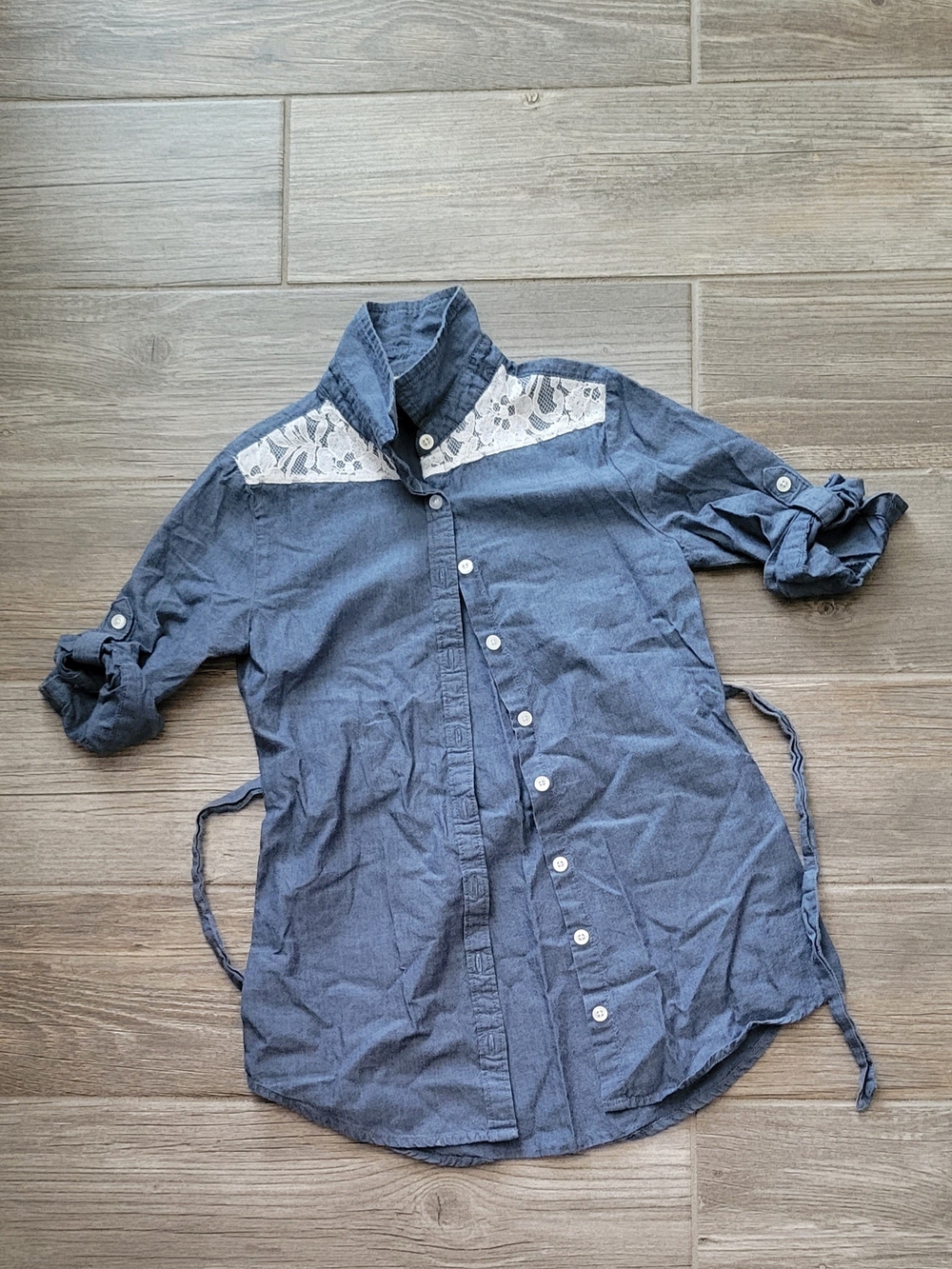 Blue Button-Up Shirt with Lace Yoke